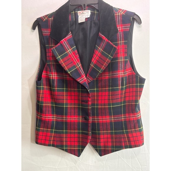 Talbots Jackets & Blazers - Talbots Vintage Red Plaid Worsted Wool Vest Velvet Collar Made in USA Size 12